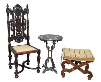 Three Piece Lot to include Victorian Cast Iron Marble Top Side Table