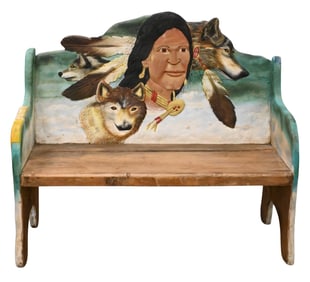 Carved and Painted Native American Indian Bench