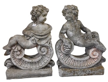 Pair of Cast Stone Allegorical Garden Putti