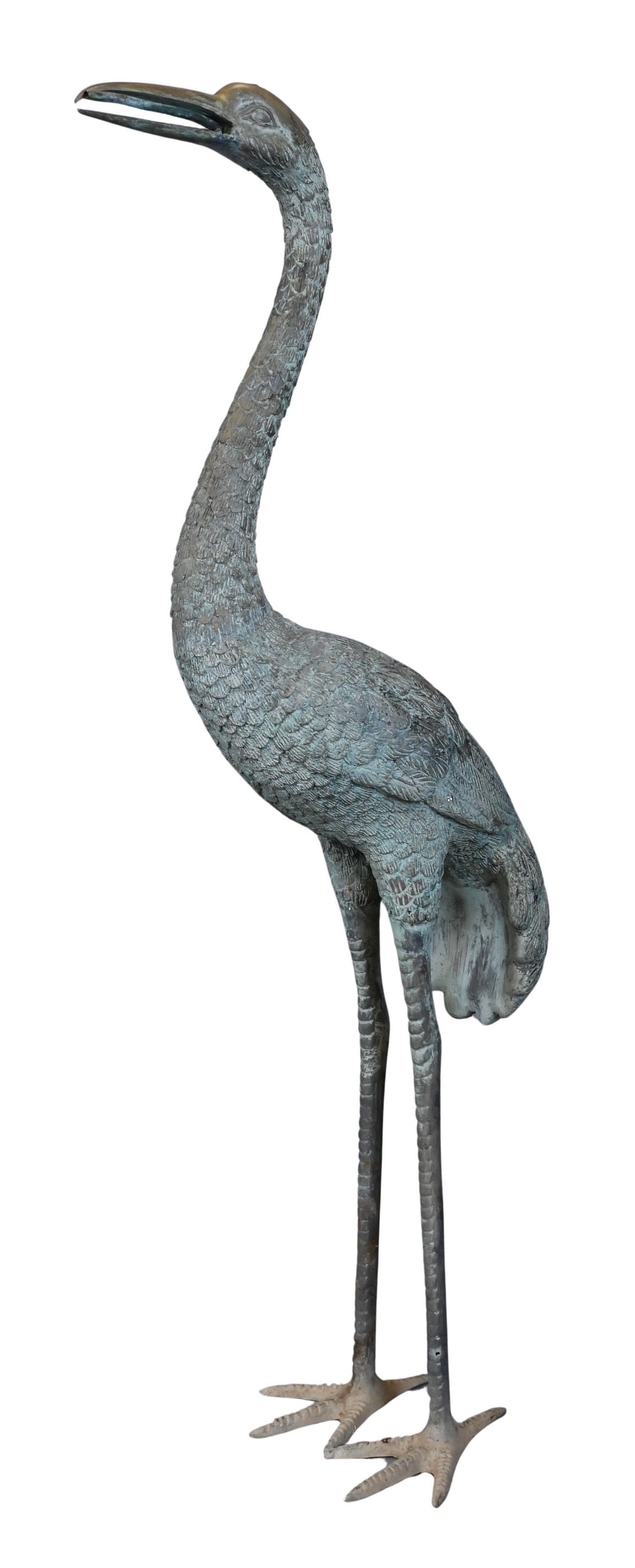 Bronze Crane Outdoor Fountain: Bronze Crane Outdoor Fountain heron/stork in verdigris patina with open mouth and spout height 39 inches Provenance: Estate of Stephen F. Osborne, 2185 South Easton Road, Doylestown, Pennsylvania