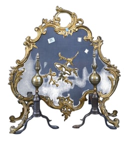 Pair of Federal Brass Steeple Top Andirons and Louis XV Firescreen