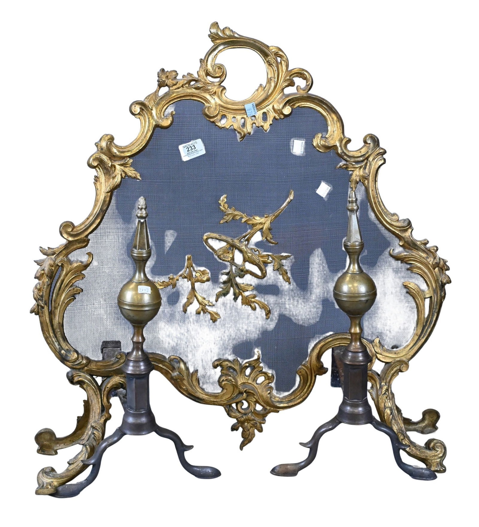 Pair of Federal Brass Steeple Top Andirons and Louis XV Firescreen (1 of 5)