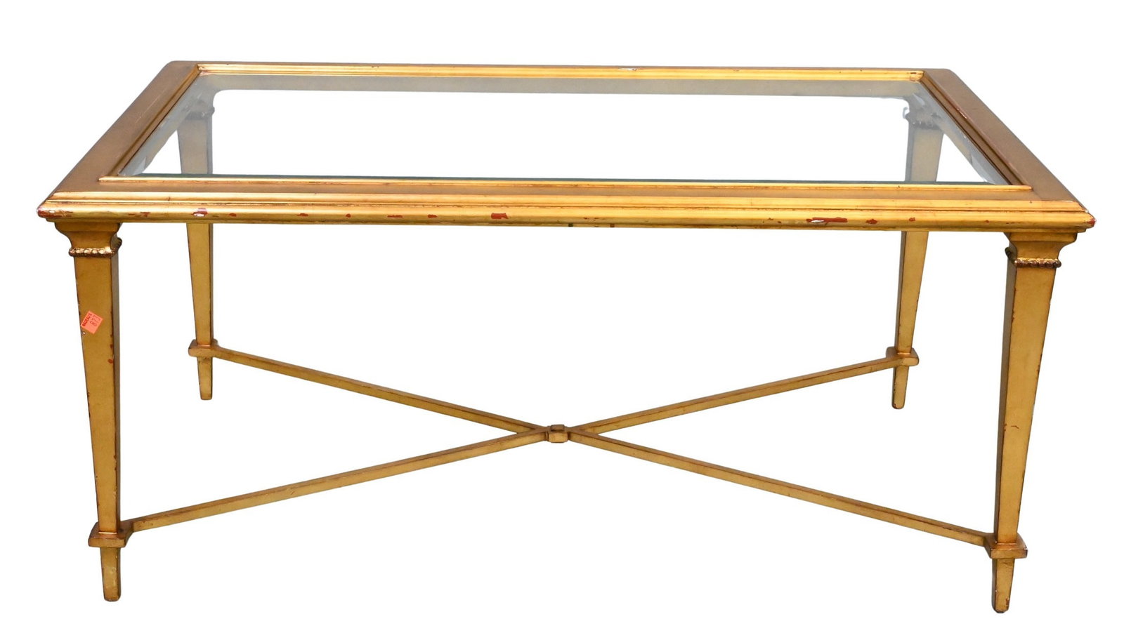 Gilt Wood Glass Top Table: Gilt Wood Glass Top Table having X stretchers, and beveled edge glass height 19 inches, top 26" x 42" Provenance: The Estate of John L. Hughes of Southport, Connecticut