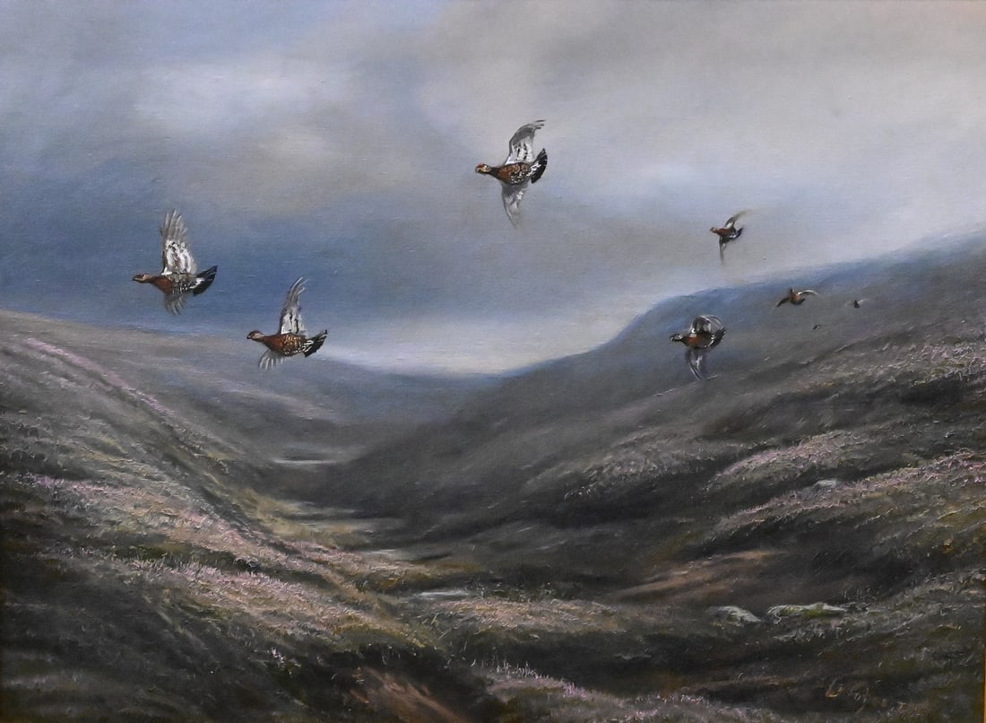 W. Forbes (20th/21st Century): W. Forbes (20th/21st Century) Grouse in Flight, 2005 Oil on canvas Signed and dated lower right W. Forbes 2003 12" x 16" Provenance: Property from The Estate of Sally G. Chubb of Bernardsville, New Je
