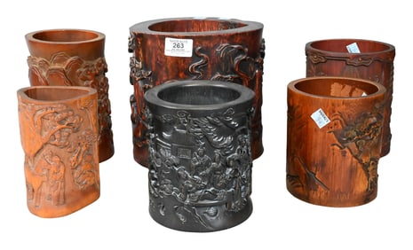Group of Six Chinese Carved Wood Brush Pots