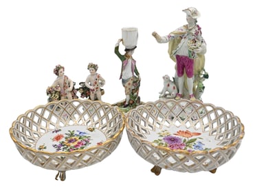 Four Piece Derby Porcelain Figural Group along with Near Pair of Reticulated Dishes