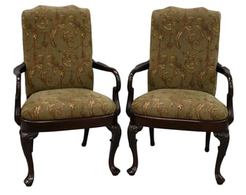Pair of Henredon Upholstered Queen Anne Style Open Armchairs