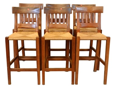 Set of Six Cherry Barstools having Rush Seats