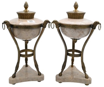 Pair Empire Style Marble Tripod Urns