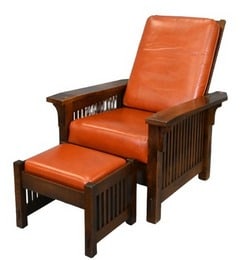 Mission Oak Leather Upholstered Morris Chair and Ottoman