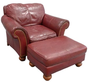 Pennsylvannia House Red Leather Club Chair and Ottoman