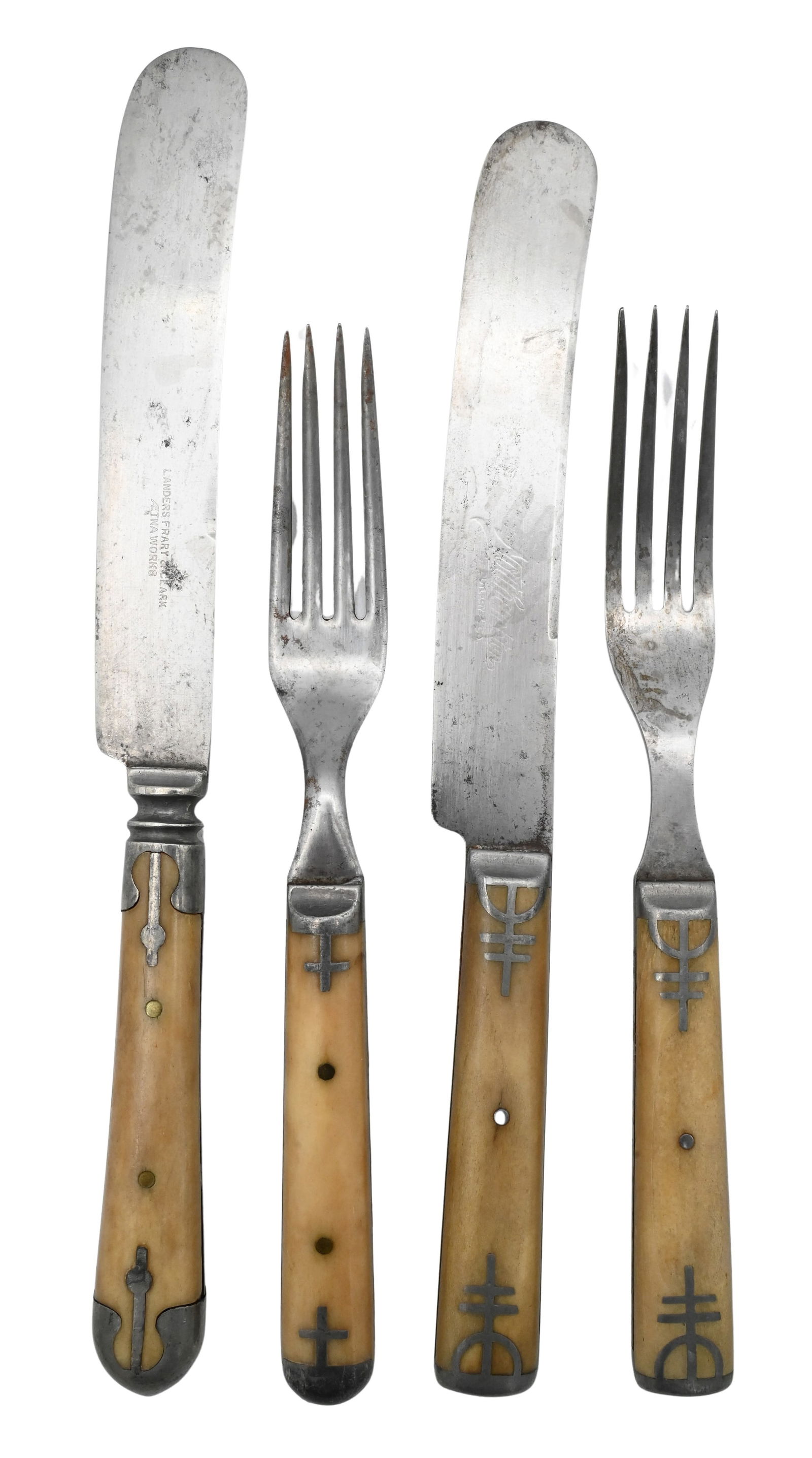 Set of 24 Roycroft Steer Bone Handled Utensils: Set of 24 Roycroft Steer Bone Handled Utensils to include 11 knives and 13 forks, each bearing inset symbil