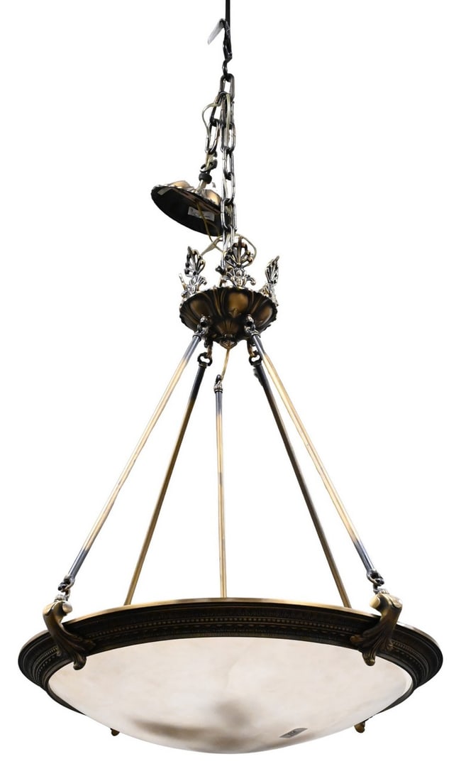 Pair of Bronze and Alabaster Drop Chandeliers: Pair of Bronze and Alabaster Drop Chandeliers having acanthus leaf motif height approximately 32 inches