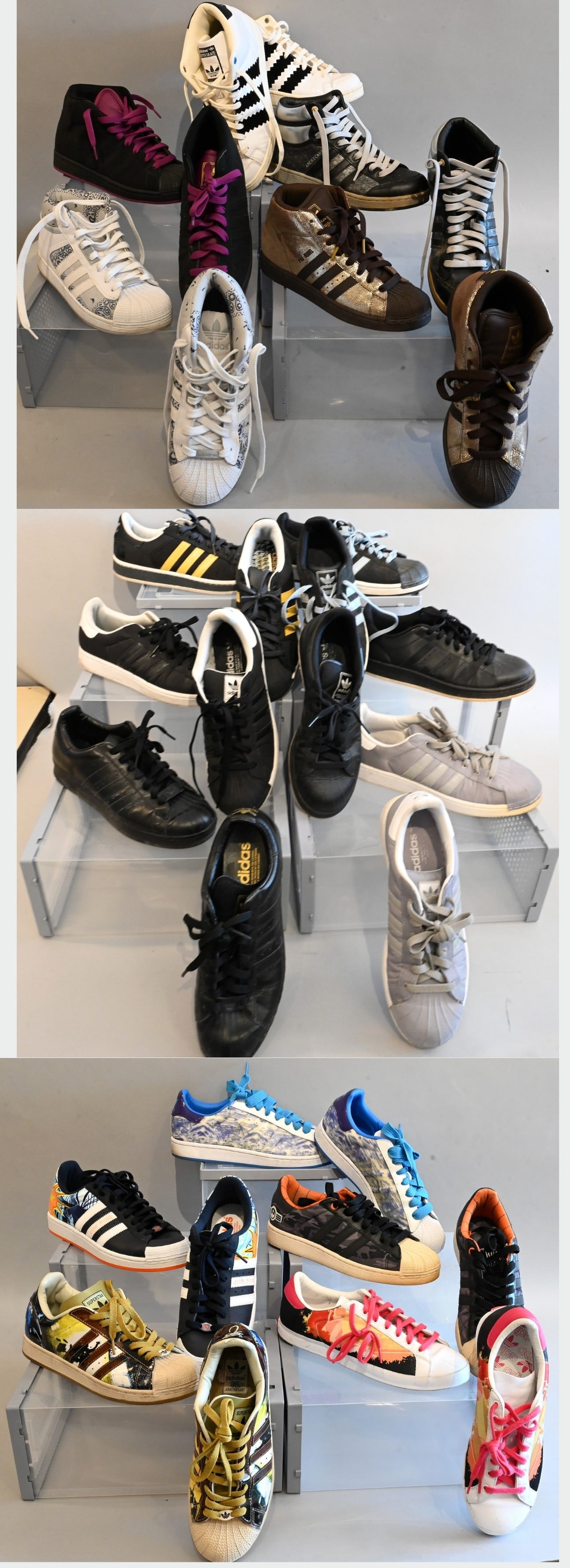 16 Pairs of Men's Adidas Sneakers: 16 Pairs of Men's Adidas Sneakers Adidas Sneakers Foil High Tops in Brown and Gold Slightly used with few scuffs, Retails for $50 Size 8.5 Adidas Sneakers Super Skate Consortium Fat Stripe in White Us