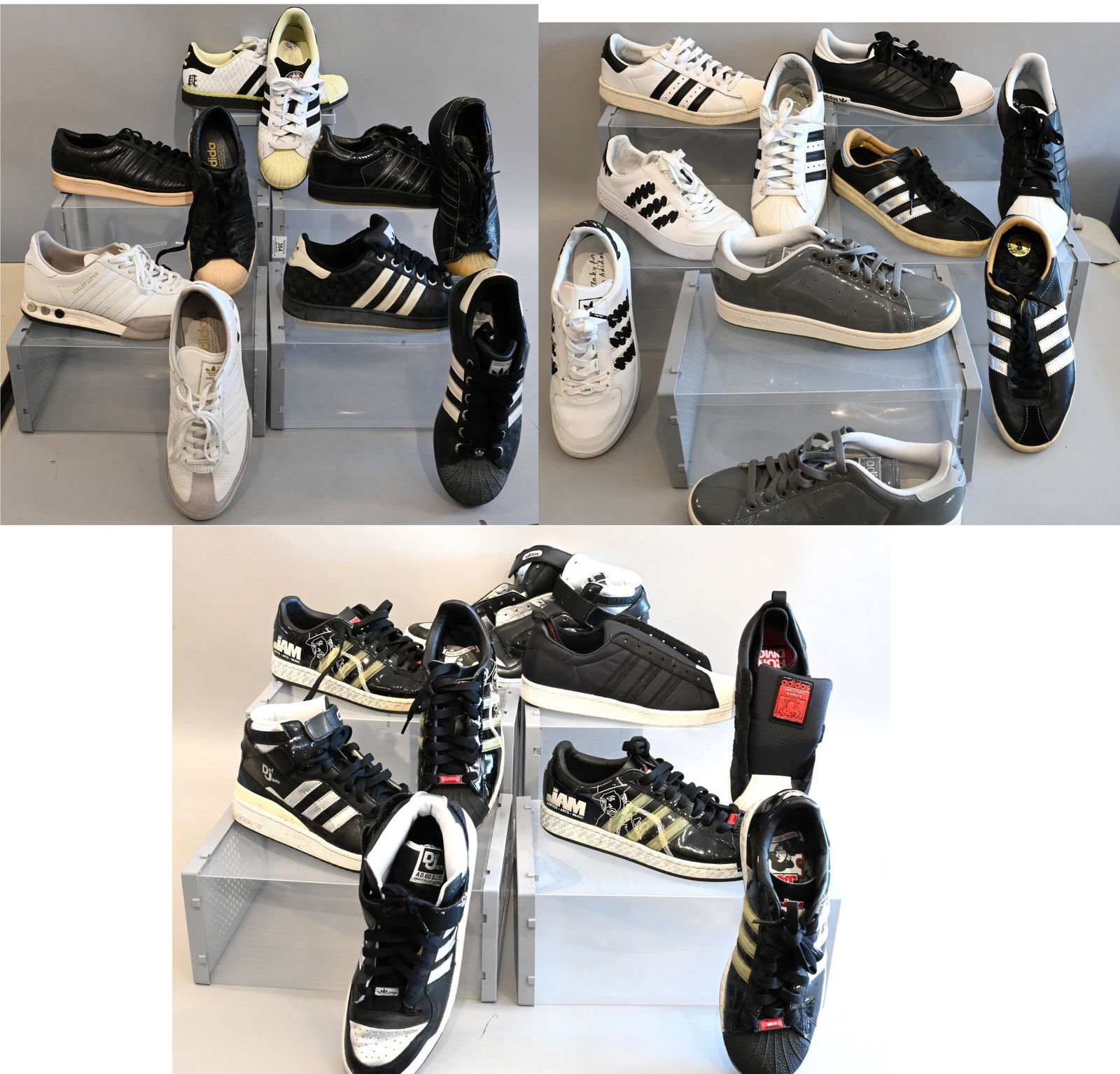 15 Pairs of Men's Adidas Sneakers: 15 Pairs of Men's Adidas Sneakers Adidas Sneakers Originals Forum Mid Lux Flavours of the World in Black Slightly used with few marks and scuffs on shoe has no laces, Retails for $200 Size 9 Adidas Sn