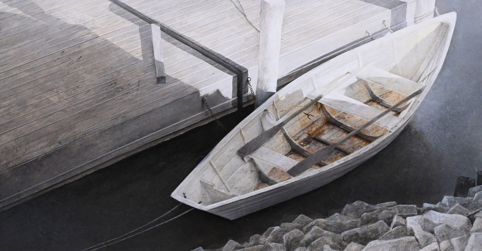 Vernon George Broe (American 1930-2011): Vernon George Broe (American 1930-2011) "Dockside", Boat at Harbor Oil on board Signed lower left Vern Broe 13 1/2" x 25"