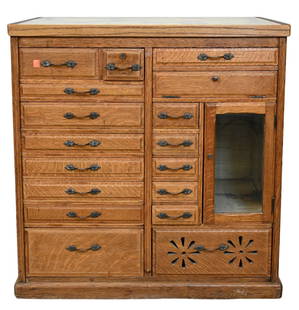 Victorian Oak Dental Cabinet W. D. Wallison and Company: Victorian Oak Dental Cabinet W. D. Wallison and Company multiple drawers and two doors with white glass top height 32 inches, top 20 1/2" x 30 1/2" Provenance: Property from the Estate of E.T. Kroliko