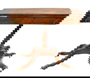 George IV Rosewood Inlaid Games Table: George IV Rosewood Inlaid Games Table having felted interior, set on pedestal base terminating in four downswept members set on brass casters, veneer loss and brass inlay lifting height 28 1/2 inches,