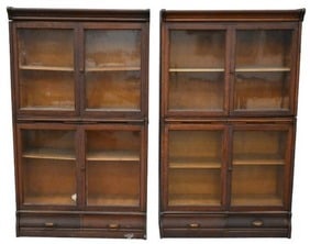 Pair of Oak Stacking Bookcases with Accordion Glass Doors