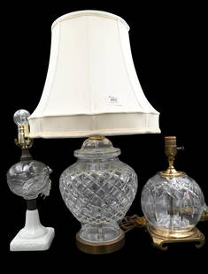 Three Waterford Crystal and Oil Lamps: Three Waterford Crystal and Oil Lamps to include two Waterford diamond pattern crystal table lamps along with converted oil lamp on milk glass base tallest 26 inches Provenance: Property from the Esta