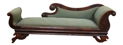 Empire Chaise / Recamier: Empire Chaise / Recamier having oroton mahogany veneer, in need of repair height 29 1/2 inches, length 81 inches Formerly part of the Lyman Allyn Art Museum's collection, this item is being offered fo