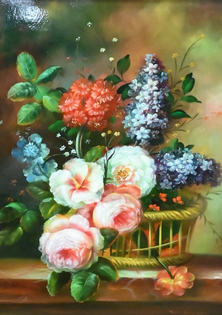 Von Everson (20th Century): Von Everson (20th Century) Still Life of Roses and lilacs in a basket Oil on wood panel Signed lower right Von Everson 16? x 12? Provenance: Estate of Stephen F. Osborne, 2185 South Easton Road, Doyle