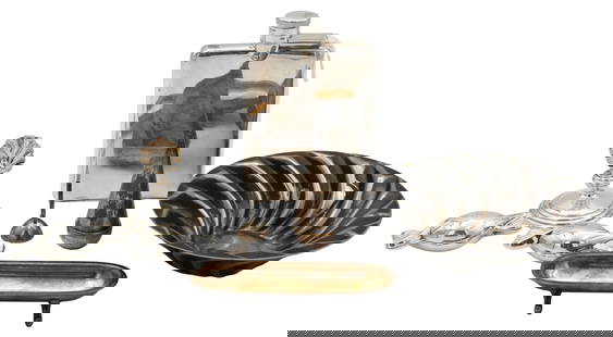 Eight Piece Silver Decorative Group: Eight Piece Silver Decorative Group to include two pieces of Christofle, sterling flask and small funnel, Hermes pen, two 800 silver candy boxes, and Christian Dior silver plate bowl largest diameter