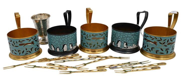 Group of Russian Silver and Enamel Items: Group of Russian Silver and Enamel Items to include 14 gold wash and enamel silver picks, one engraved cup, and five silver plate and enamel cup holders tallest 4 inches, total weight 4.0 t.oz.