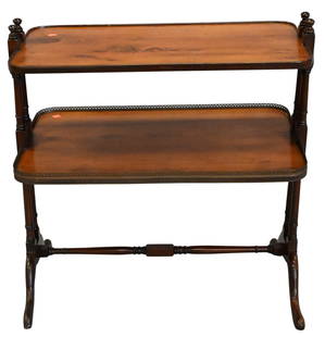 Mahogany and Burl Wood Two Tier Dessert Server: Mahogany and Burl Wood Two Tier Dessert Server bottom tier having brass gallery set above stretcher base height 29 inches, top 17" x 28" Provenance: Property from A Prominent New York City Collector