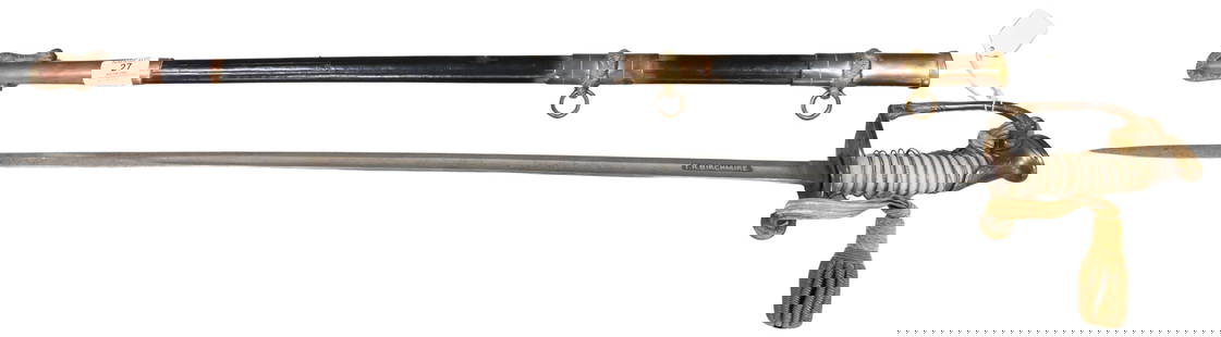 U.S. Navy Officer Model 1852 Ceremonial Sword: U.S. Navy Officer Model 1852 Ceremonial Sword gilt brass mounted with wire wrapped shagreen grib, along with black leather scabbard and gold tassel monogrammed T.H. Birchmere length 35 inches total