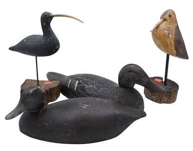 Four Hand Carved and Painted Bird Decoys: Four Hand Carved and Painted Bird Decoys to include two shore birds having glass eyes by Richard Morgan, along with two unsigned duck decoys having articulating heads tallest 11 inches