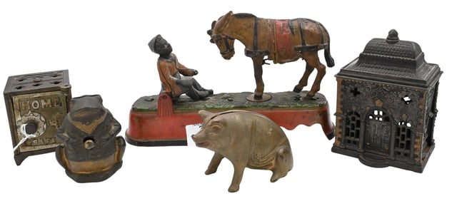 Five Antique Cast Iron Still Banks