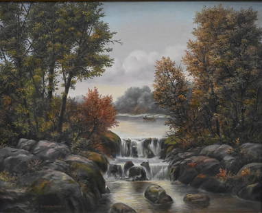 Albert Szatmar Nemethy Sr. (Hungarian/American 1920-1998): Albert Szatmar Nemethy Sr. (Hungarian/American 1920-1998) "Newburgh N.Y." Autumn Landscape with a Waterfall and distant Kayak Oil on canvas Signed lower left Albert Sz. Nemethy 16" x 20"