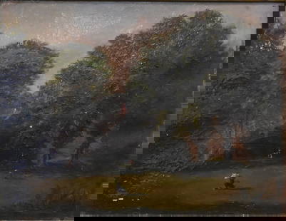 American School (19th Century): American School (19th Century) Tonalist landscape of a horse in the woods with an artist under a parasol painting in the foreground Oil on canvas Unsigned 10" x 13"
