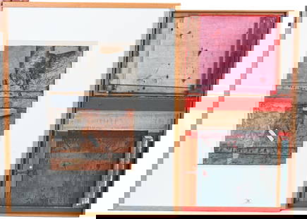 Two: Douglas Vogel (American B.1938): Two: Douglas Vogel (American B.1938) Abstract Composition Mixed media on paper 31" x 25" frame size "Cancellation II" (Compensation) 1980-1981 Mixed media, acrylic, crayon, glass on wood Signed and da