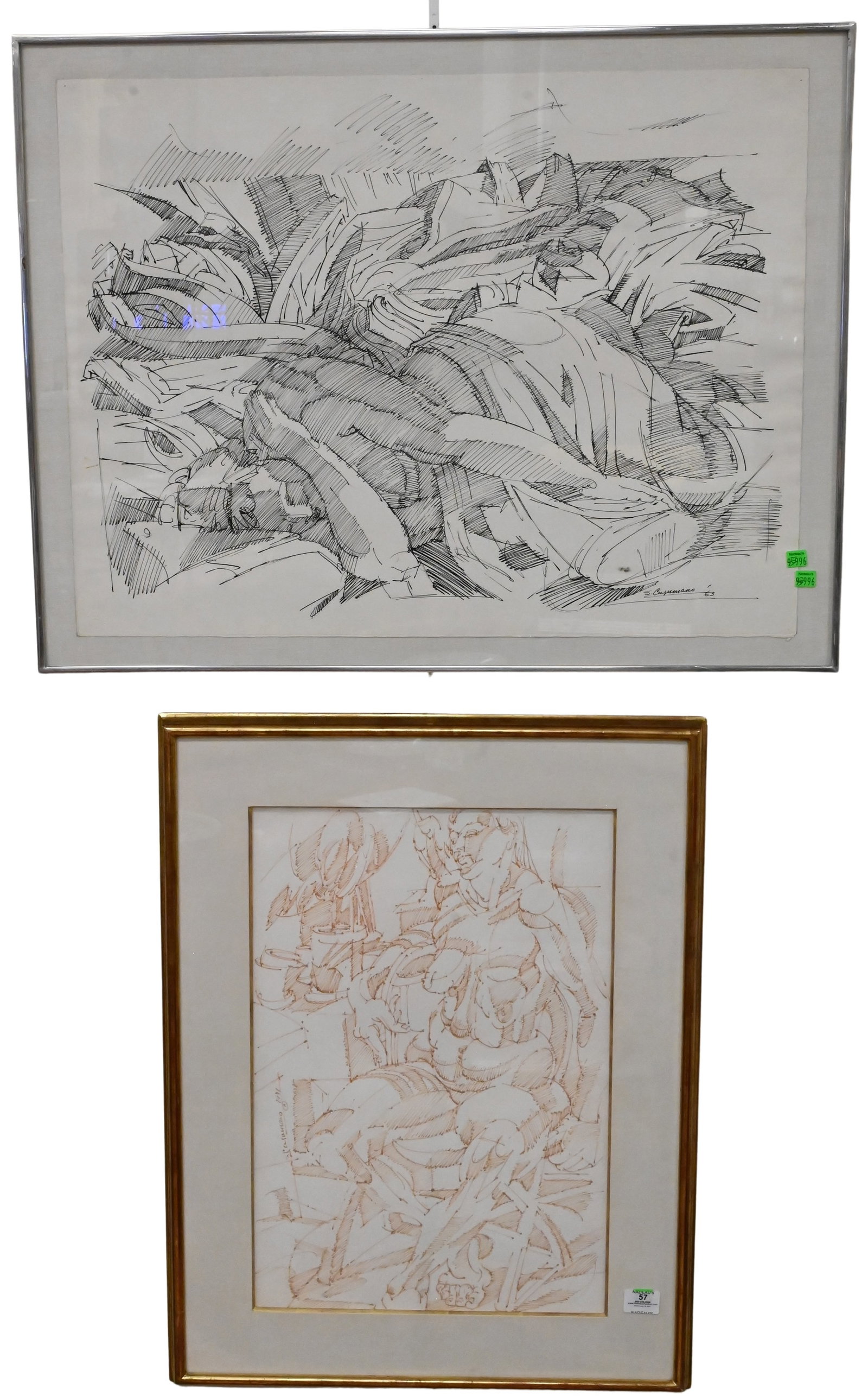 Two: Stefano Cusumano (American 1912-1975): Two: Stefano Cusumano (American 1912-1975) "Figure", Seated Female Nude, 1971 Pen and ink, conte on paper Signed and dated lower left S.Cusumano 1971, signed, titled, dated verso 22" x 14 1/4" "Sleepi