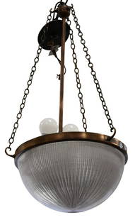 Pair of Art Nouveau Holophane Pendant Lights: Pair of Art Nouveau Holophane Pendant Lights "Blondel Stiletto" plafonnier light with pale purple prismatic bowl, marked on glass shade Patent No. 20 222, 1909 approximate height 33 inches Provenance: