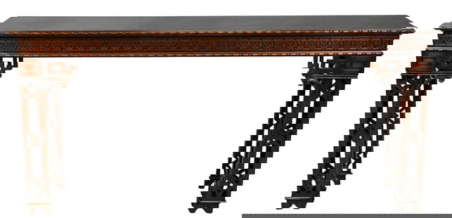 Mahogany Chinese Chippendale Style Sofa / Console Table: Mahogany Chinese Chippendale Style Sofa / Console Table having carved fretwork front height 33 inches, top 15" x 71" Provenance: Property from A Prominent New York City CollectorProvenance: Property f