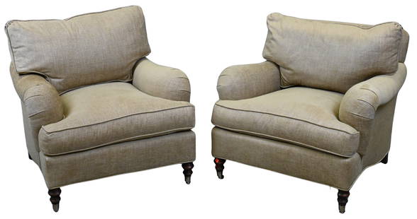 Pair of Custom Club Library Chairs Attributed to George Smith: Pair of Custom Club Library Chairs Attributed to George Smith having rolled arms and set on large front brass castors, like new height 32 inches, width 32 inches, depth 37 inches Provenance: Property