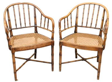 Pair of Faux Bamboo Chairs having Caned Seats