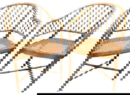 Pair of Faux Bamboo Chairs having Caned Seats: Pair of Faux Bamboo Chairs having Caned Seats height 33 inches, width 22 inches