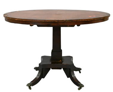 Regency Style Mahogany Circular Breakfast Table: Regency Style Mahogany Circular Breakfast Table set on pedestal base ending in four downswept members height 30 inches, diameter 45 inches