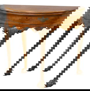 Chippendale Style Kittinger Mahogany Demilune Games Table: Chippendale Style Kittinger Mahogany Demilune Games Table having large ball and claw feet height 29 inches, width 32 1/2 inches, top closed 16 inches, top open 32 inches