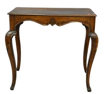 George II English Mahogany Tea Table: George II English Mahogany Tea Table having carved skirt set on cabriole legs height 28 1/2 inches, depth 19 inches, top 19" x 31"