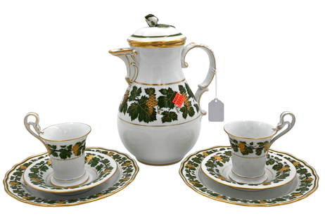 31 Piece Meissen "Grapevine" Tea Service: 31 Piece Meissen "Grapevine" Tea Service to include eleven demitasse cups, nine saucers, ten salad plates, coffee/teapot with gold grapes and vine motif teapot height 10 inches