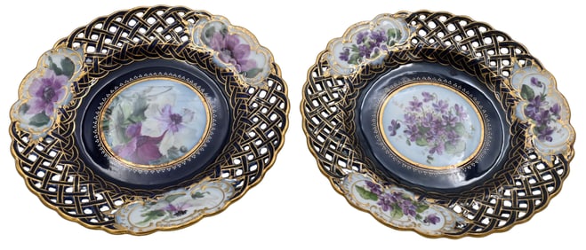 Set of 12 Meissen Style Cobalt Blue Reticulated Flower Plates