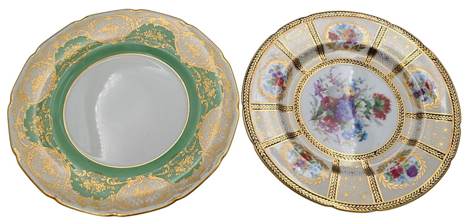 Two Parcel Gilt Porcelain Dinner Plate Sets to include: Two Parcel Gilt Porcelain Dinner Plate Sets to include Set of 12 Royal Doulton Gold Encrusted Dinner Plates having green band and scrolling gilt borders withsix floral cartouches, early 20th century d