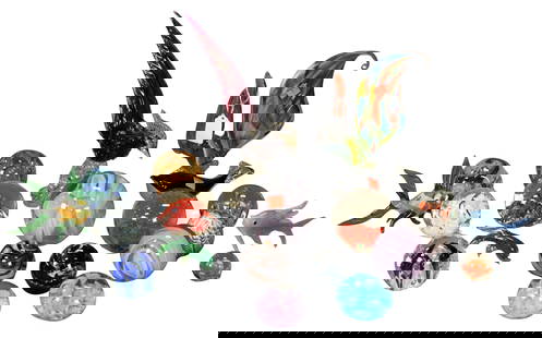21 Murano and Art Glass Pieces: 21 Murano and Art Glass Pieces to include mid century modern purple and gold fleck pheasant, polychrome rooster/chicken, two fish, two dolphins, along with 15 art glass paperweights, some signed St. C