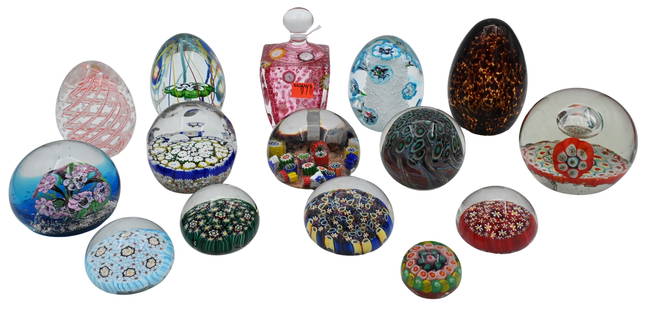 15 Murano Millefiori Art Glass Paperweights: 15 Murano Millefiori Art Glass Paperweights to include Fratelli Toso, some egg shaped, scattered flowers, tortoise shell, most with Murano sticker label tallest 4 1/2 inches