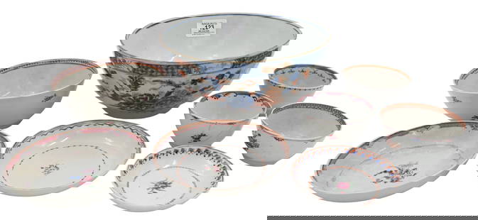 Eight Piece Chinese Porcelain Group: Eight Piece Chinese Porcelain Group to include three Famille Rose export cups, three plates, pink bowl, along with Imari bowl largest bowl diameter 8 1/2 inches